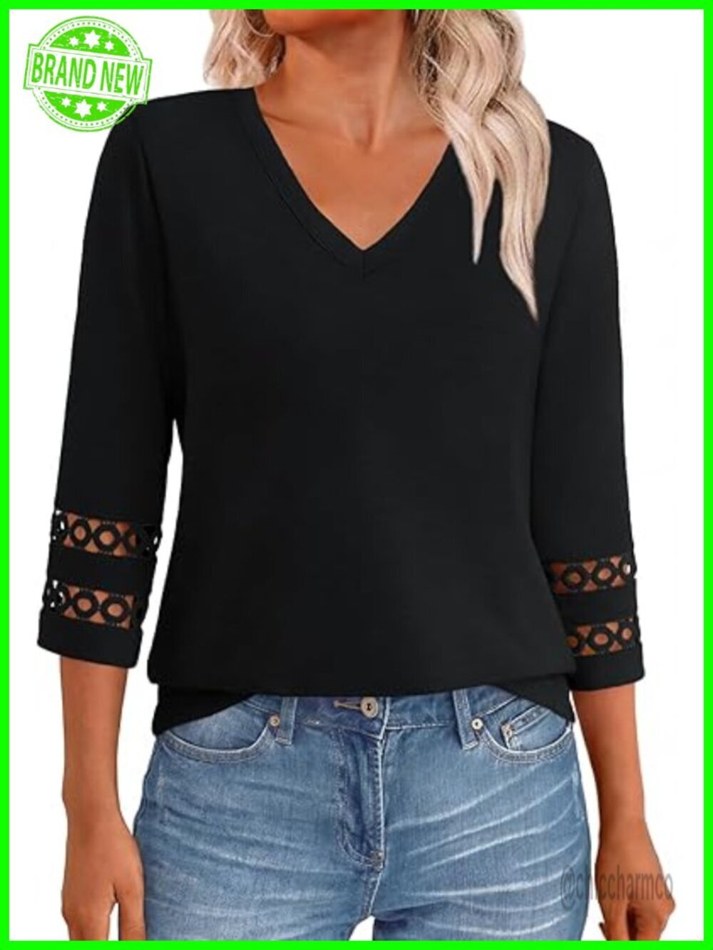 3/4 Length Sleeve V Neck Blouse Dressy Casual T Shirt Soft Lightweight Lace